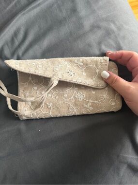Oscar de la Renta Beige Embroidered Fold-Over Clutch